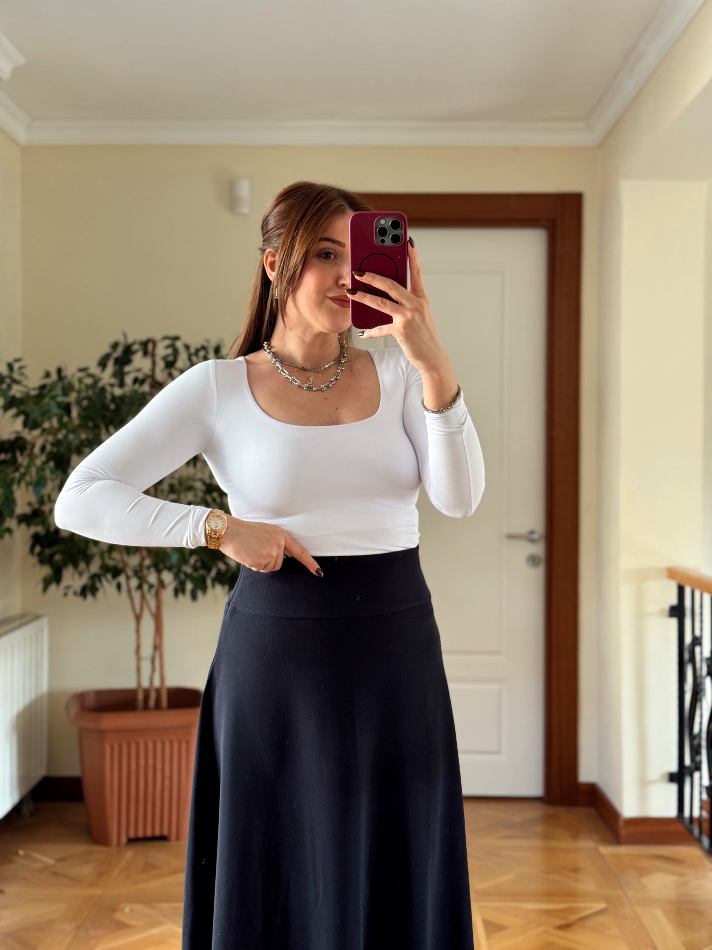 Kare yaka uzun kol bluz-BEYAZ