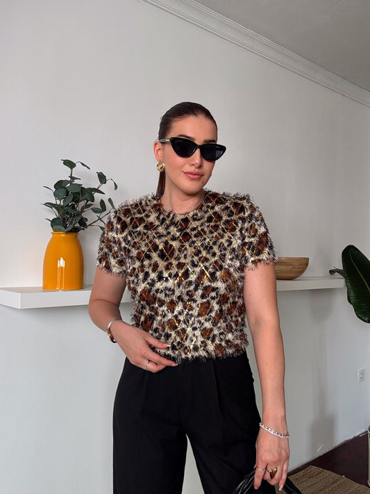 Leopar desen sakal kumaş  Simli Bluz Kahve