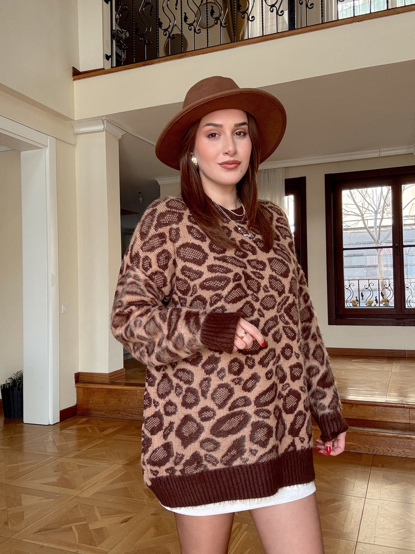 Leopar desen salaş kazak-KAHVERENGİ