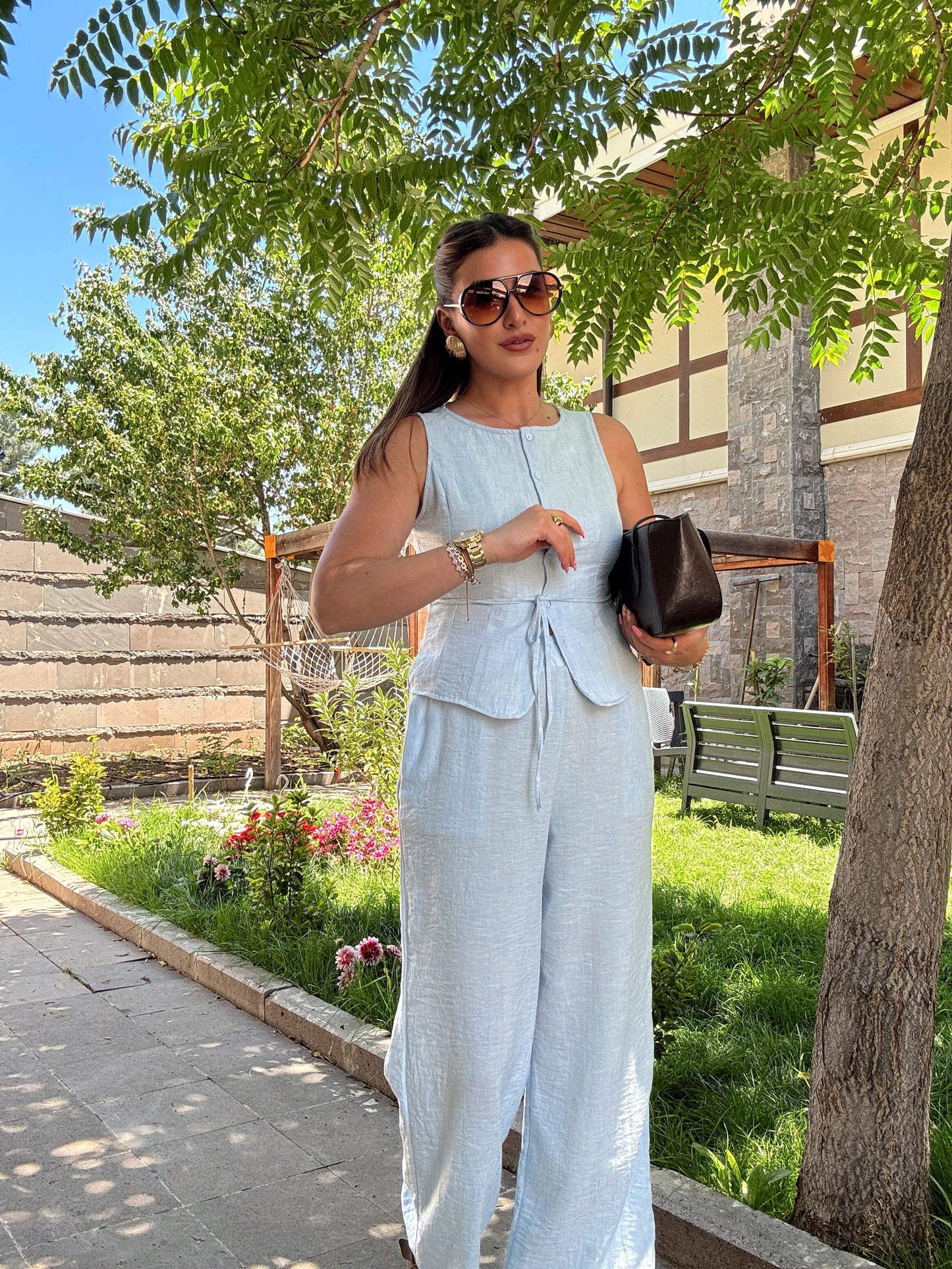 Yelekli bağlama detay keten takım Mavi