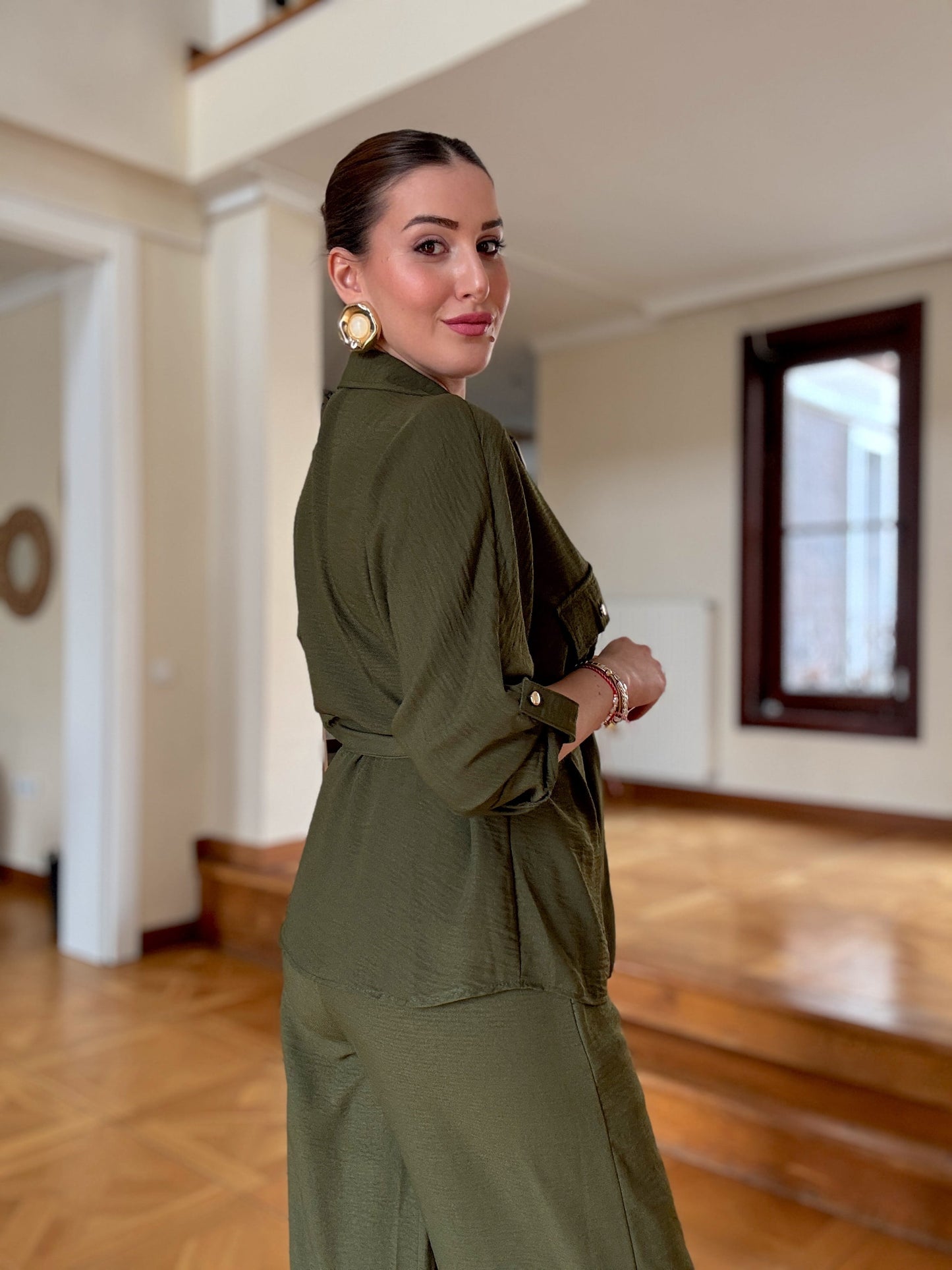 Tensel kumaş Gold Fermuarlı Kuşaklı Takım-Haki