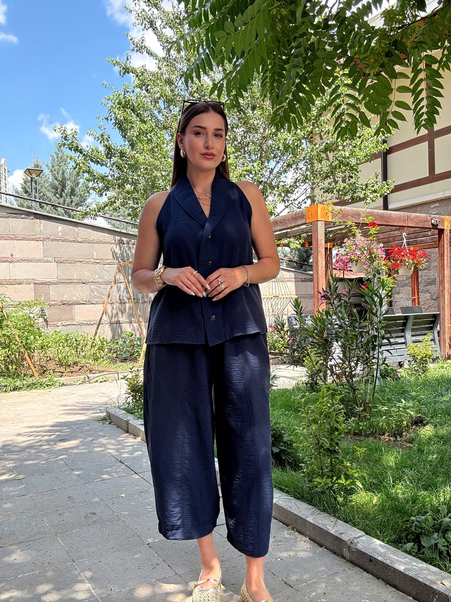 Keten düğmeli sıfır kol takım LACİVERT