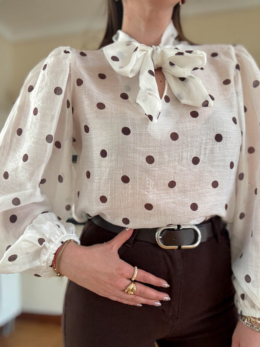 Puantiye desenli viskon gömlek Beyaz