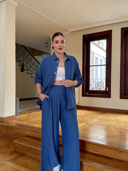 Gofre pantolonlu ikili takım İndigo