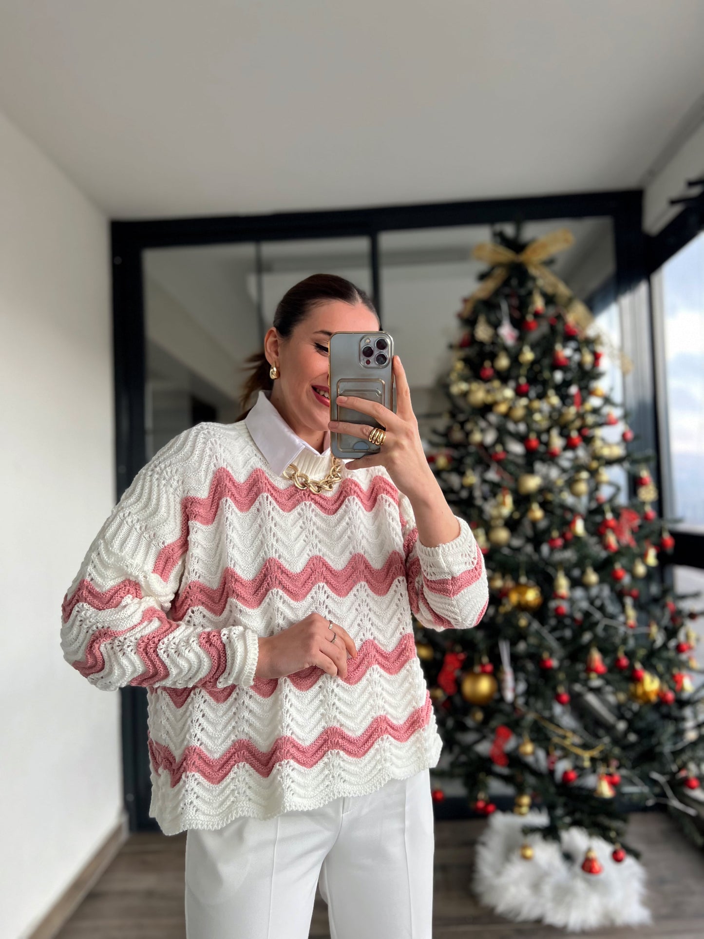 Desenli İki Renkli Triko Kazak - EKRU PUDRA