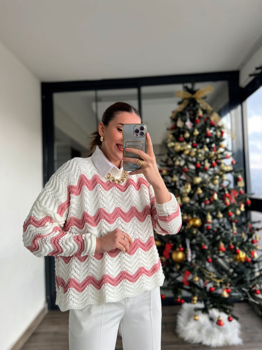 Desenli İki Renkli Triko Kazak - EKRU PUDRA