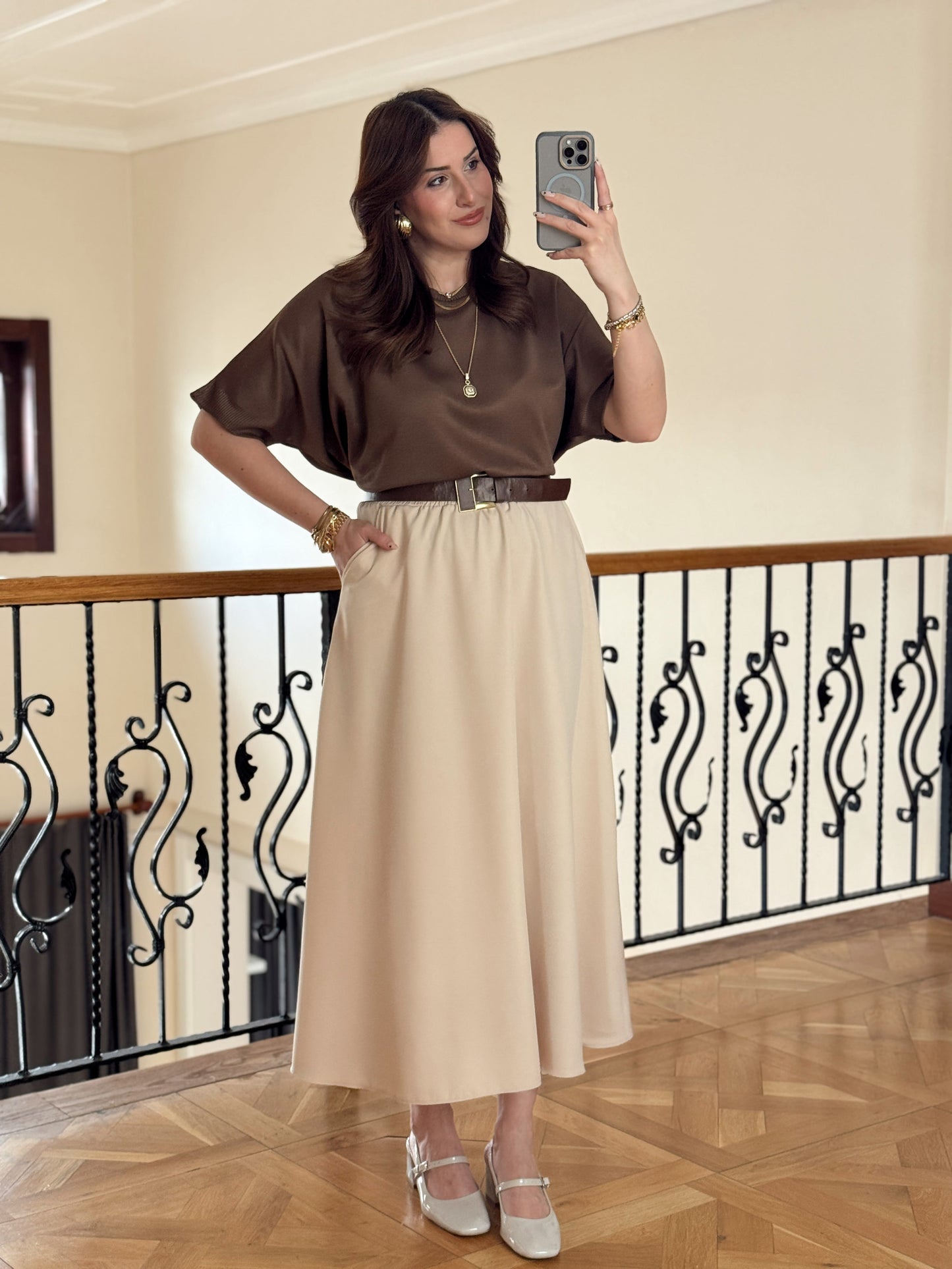 Double Yanı Cepli Etek-TAŞ