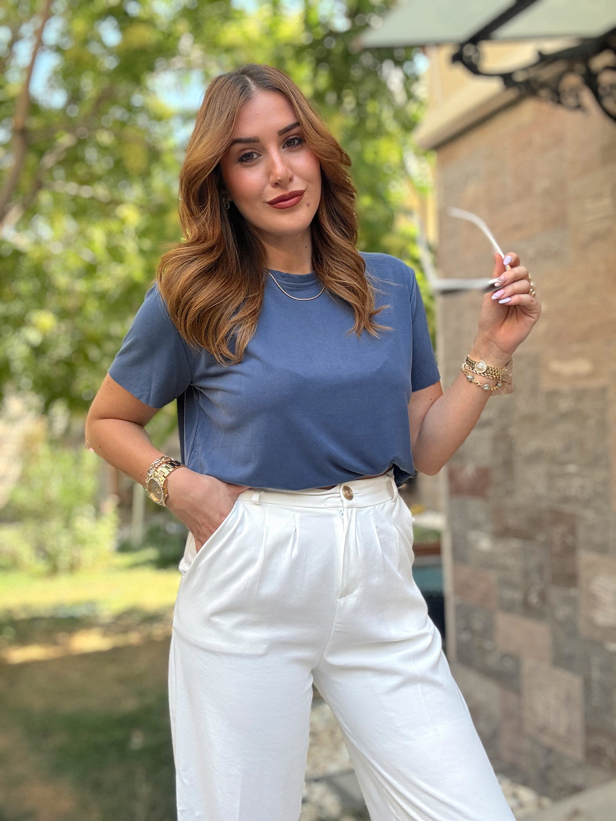 Tensel kumaş yırtmaçlı oversize tişört İndigo