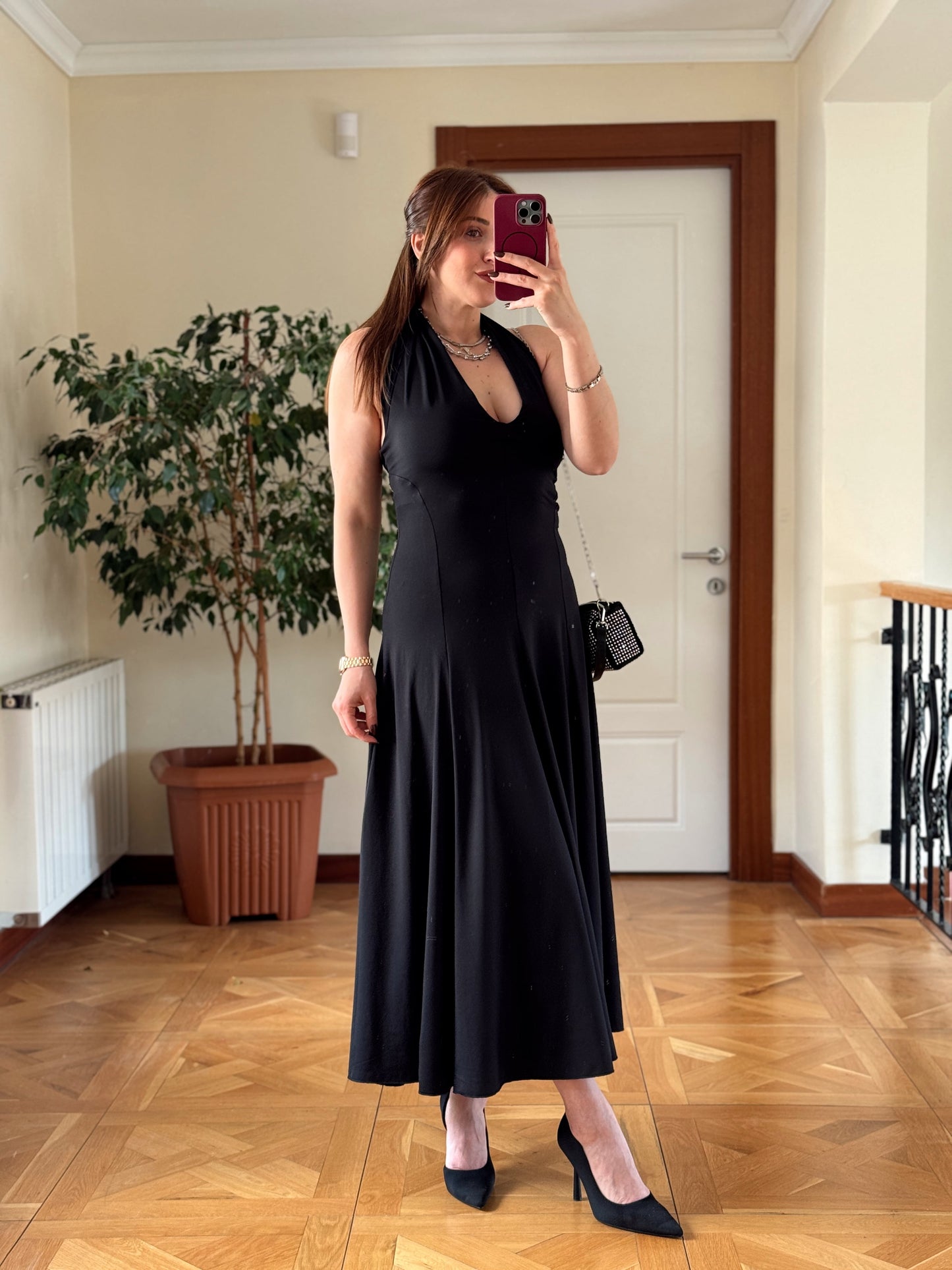 Dalgıç kumaş boyun geçme elbise-SİYAH