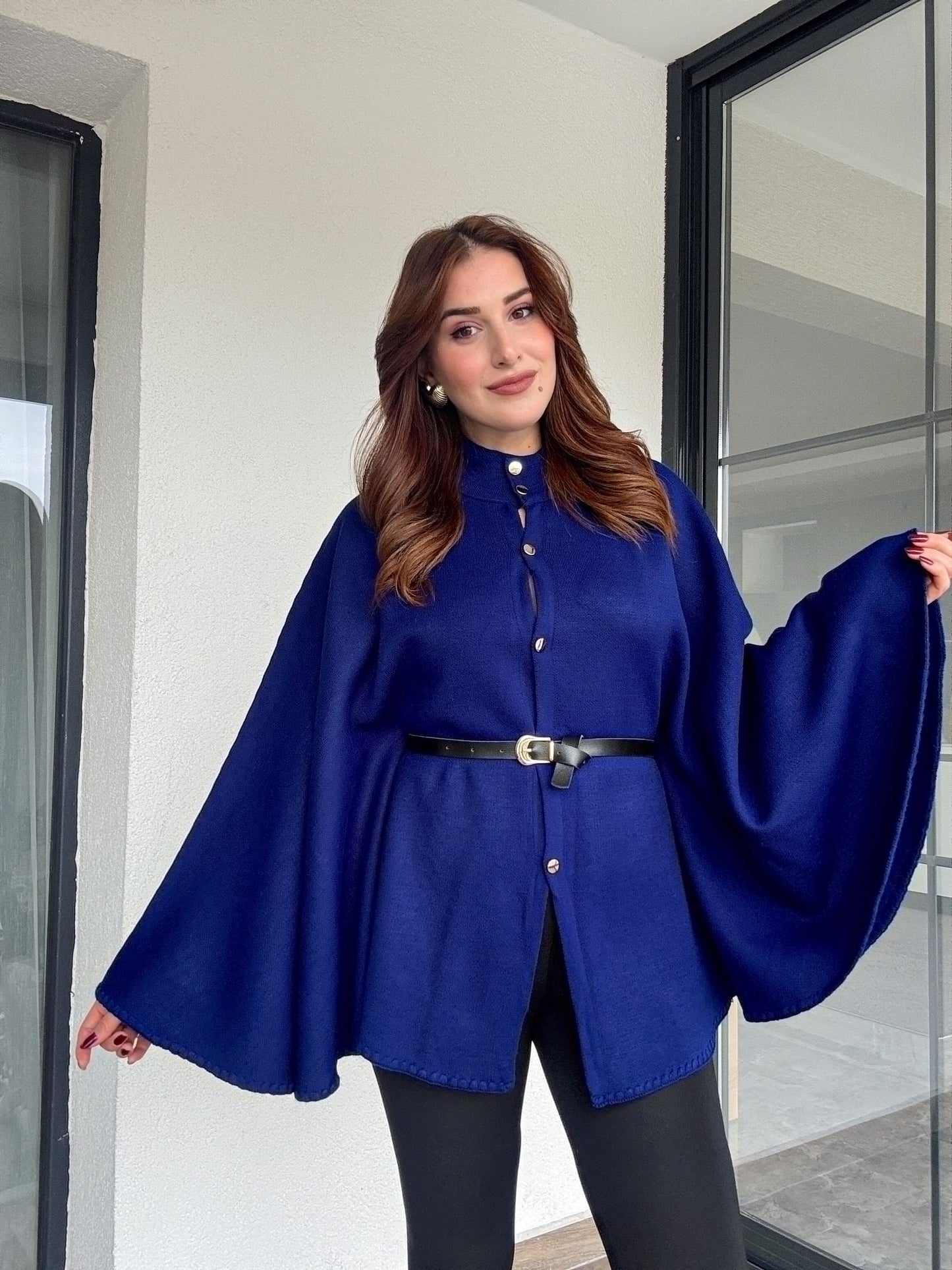 Kemerli düğmeli panço-Saks mavi