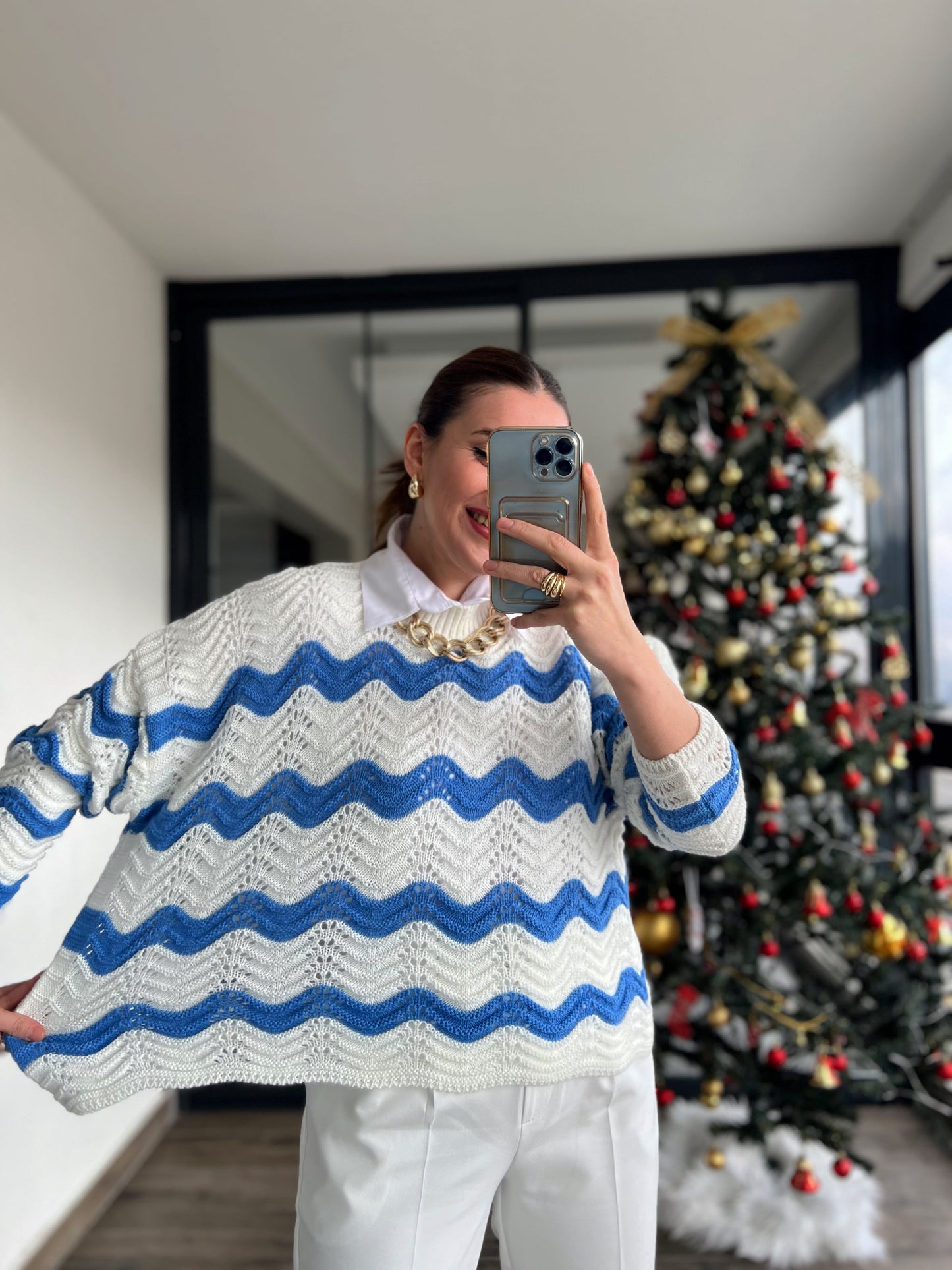 Desenli İki Renkli Triko Kazak - EKRU MAVİ