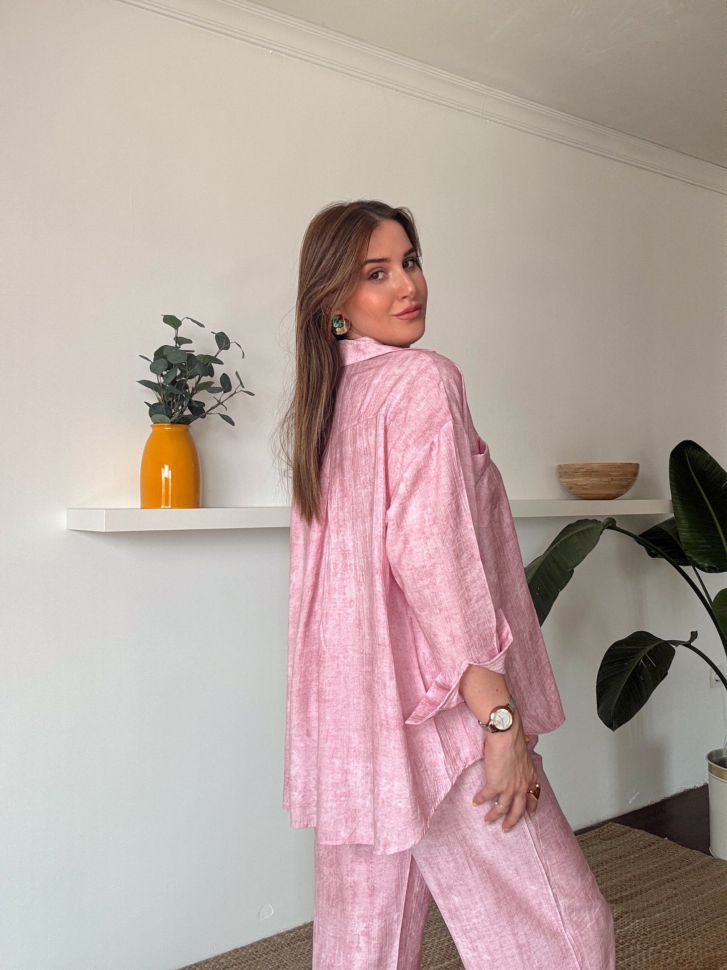 Dokuma gömlek pantolon takım PEMBE