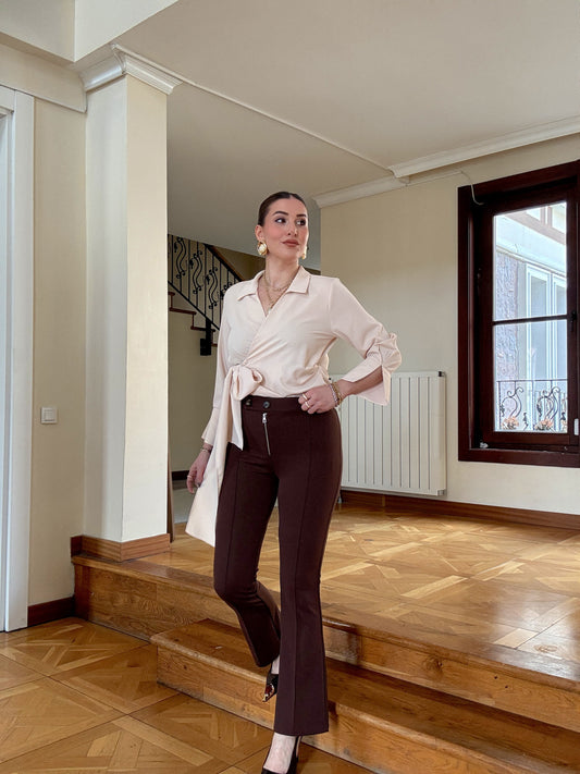 Çift düğme venedik pantolon Kahve