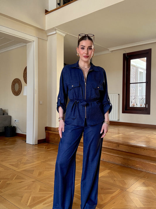 Kuşaklı Keten Takım lacivert