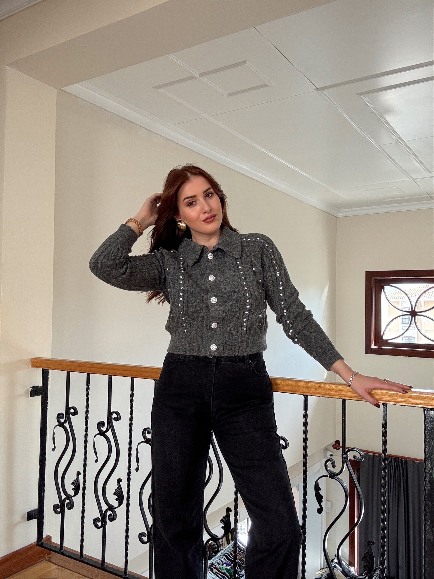 Örgü taşlı ceket-FÜME