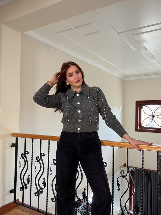 Örgü taşlı ceket-FÜME