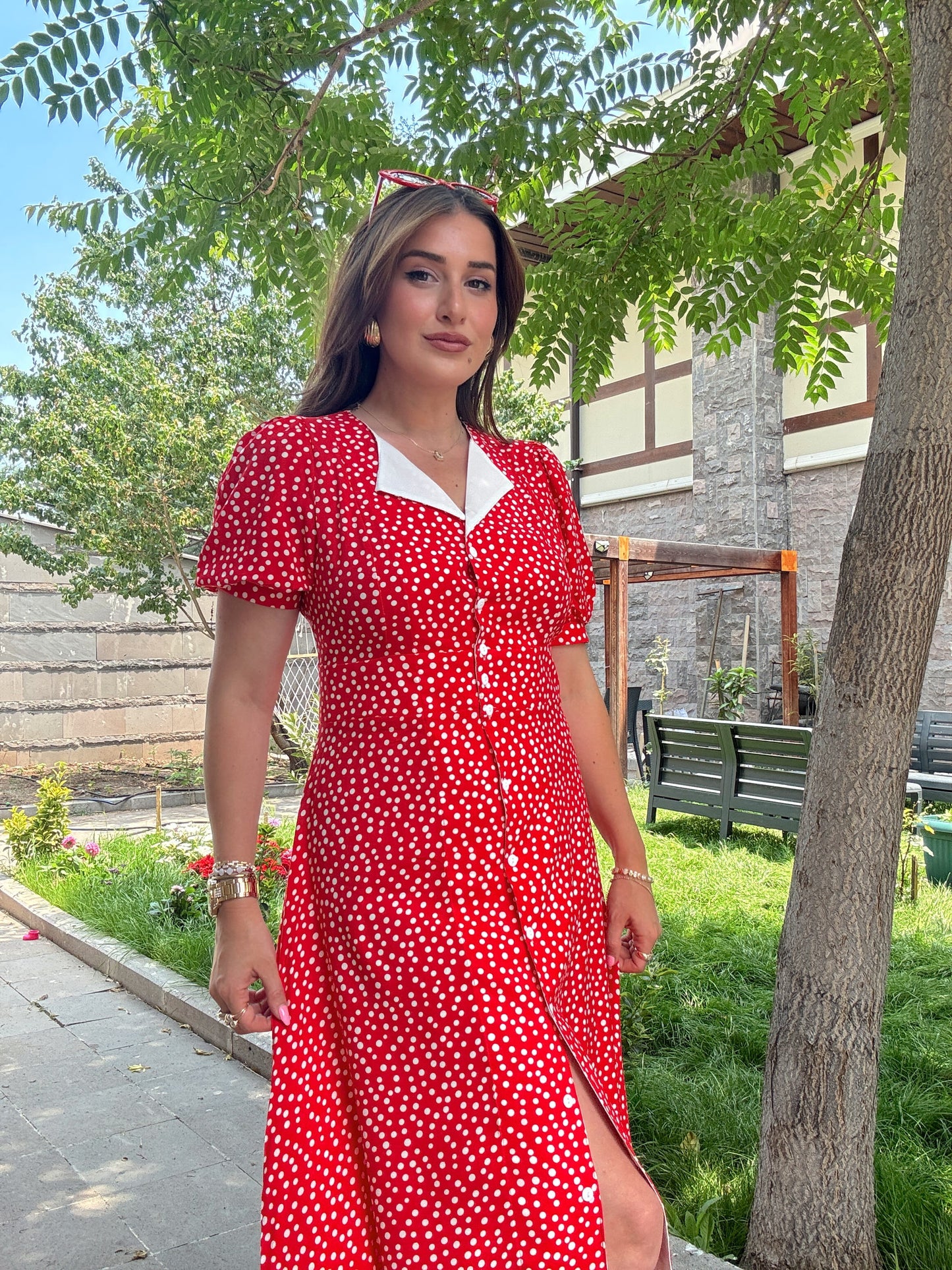 Puantiye desenli elbise Kırmızı