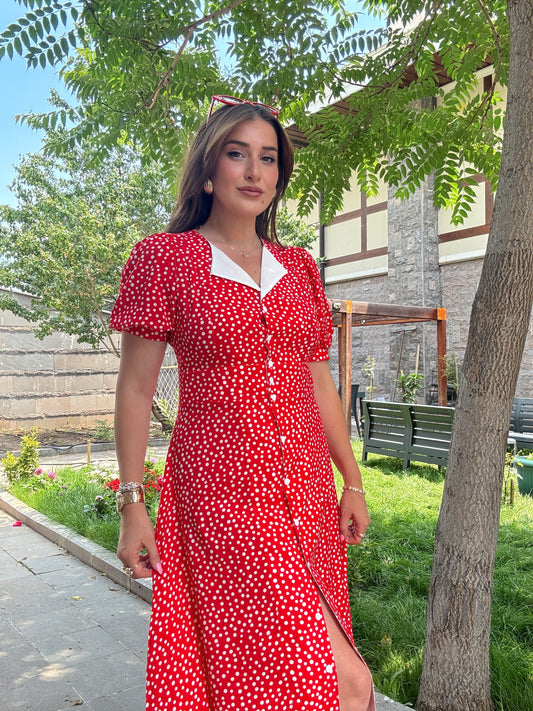 Puantiye desenli elbise Kırmızı