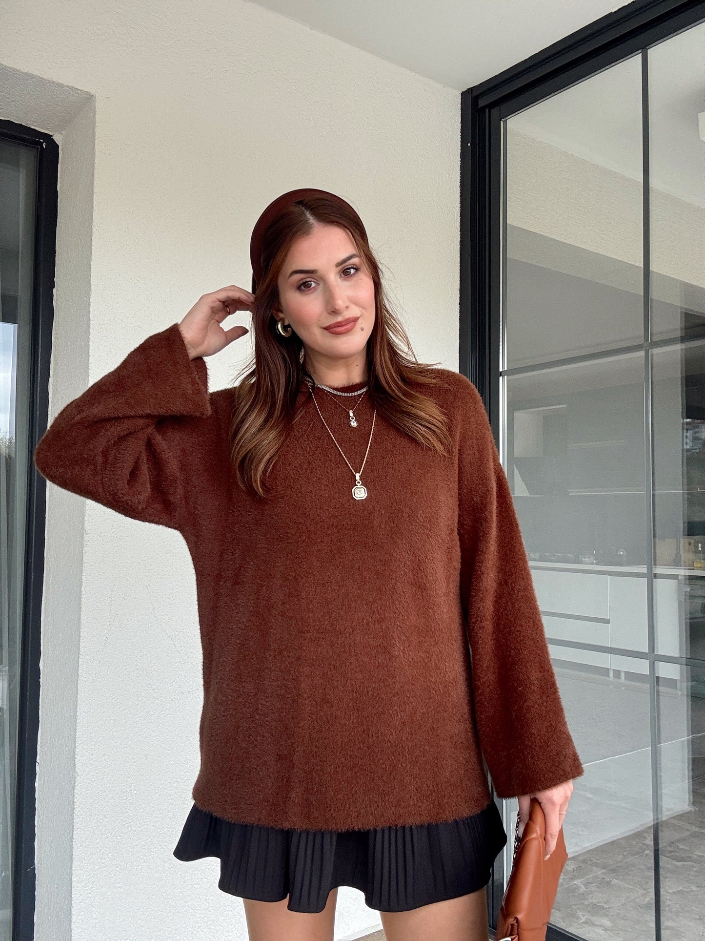 Sakallı triko kazak-KAHVERENGİ