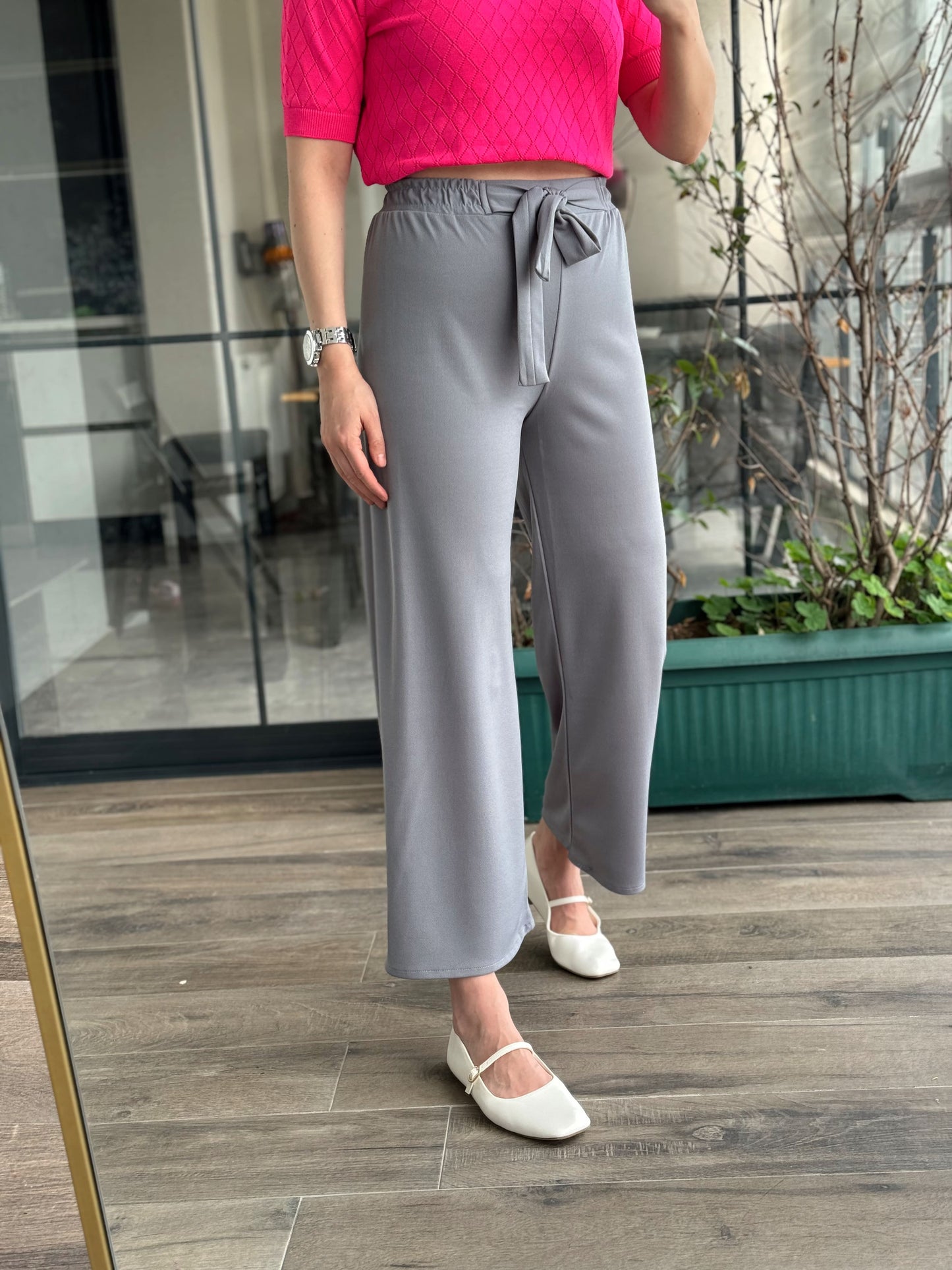Kuşaklı Crep Kumaş Palazzo Pantolon-GRİ