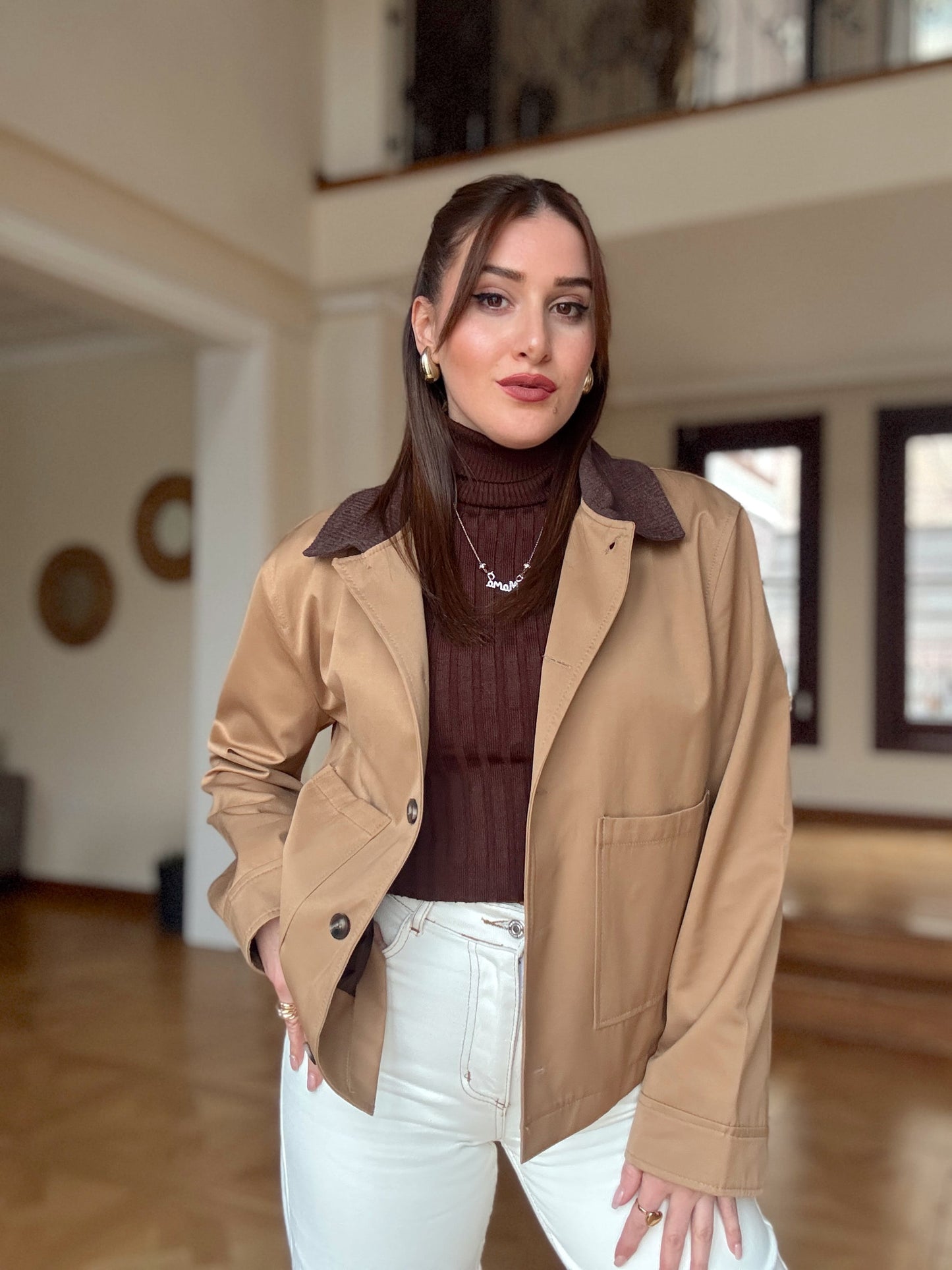 Garnili kısa trench Camel