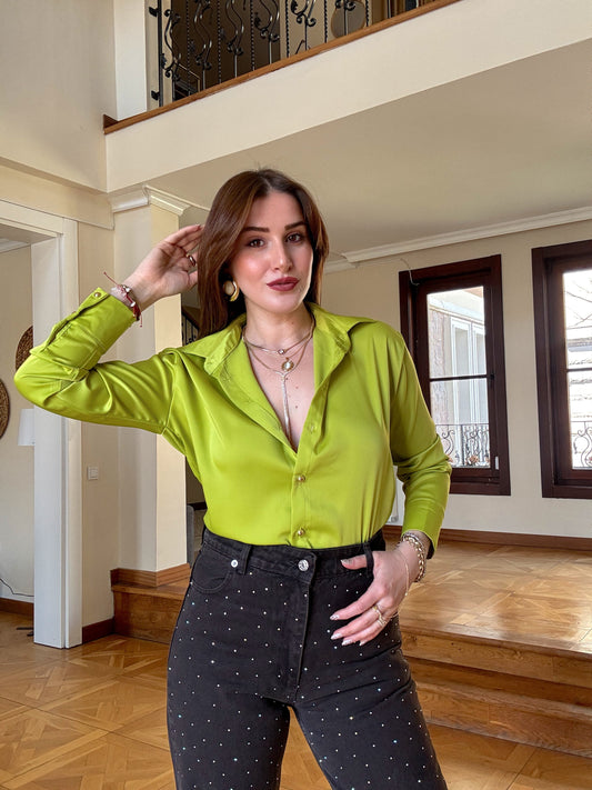 Gold düğme Saten gömlek Yağ yeşil