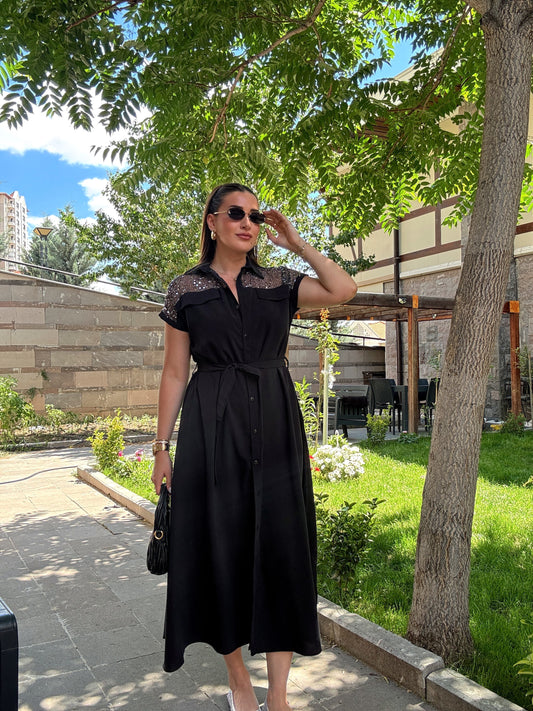 Omuz pul detaylı tensel elbise Siyah