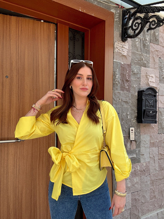 Bağlamalı basic poplin gömlek SARI