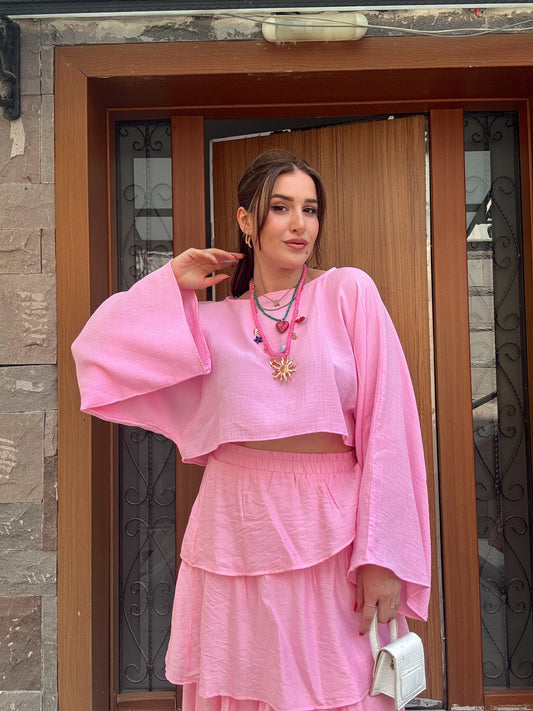 Yarasa kol crop müslin bluz PEMBE