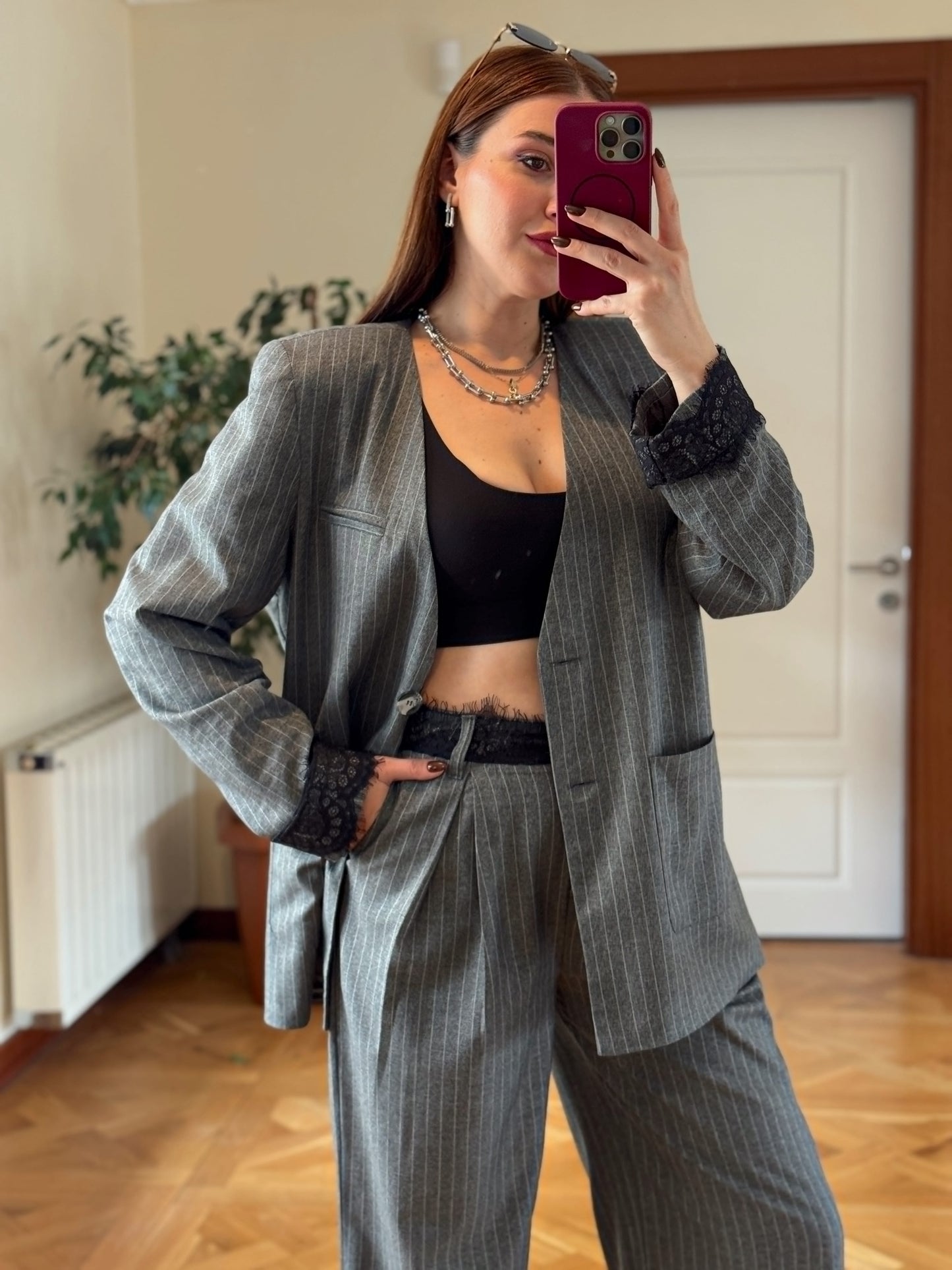 Dantel detaylı çizgili premium takım GRİ