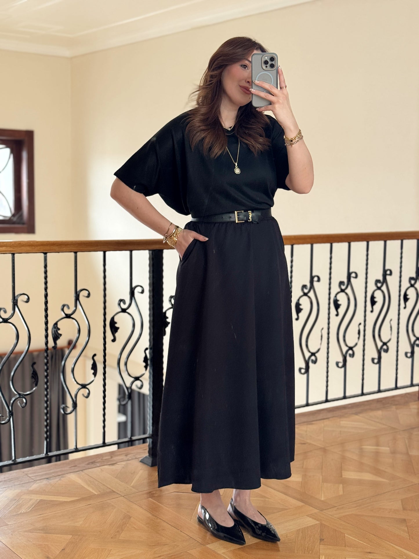 Double Yanı Cepli Etek-SİYAH