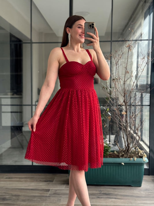 Puantiye Desenli Abiye - KIRMIZI