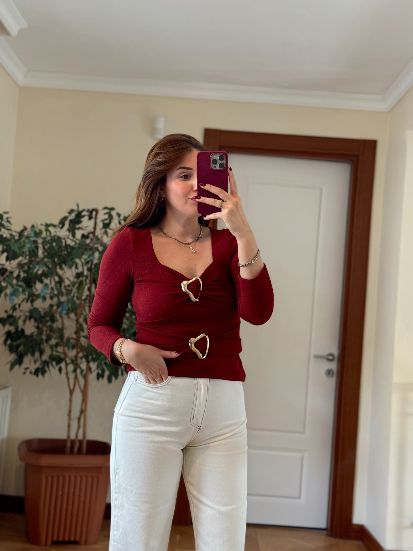 Çift tokalı bluz-BORDO