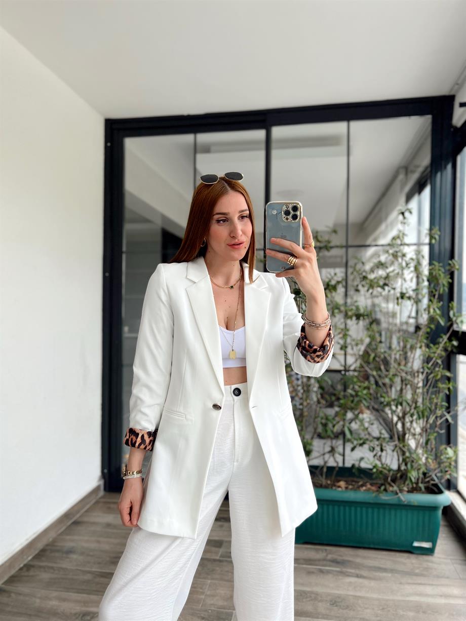 Astarı Leoparlı Ceket BEYAZ