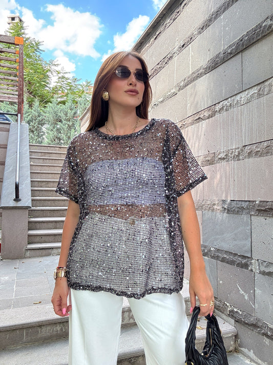 Premium pullu kumaş bluz Siyah