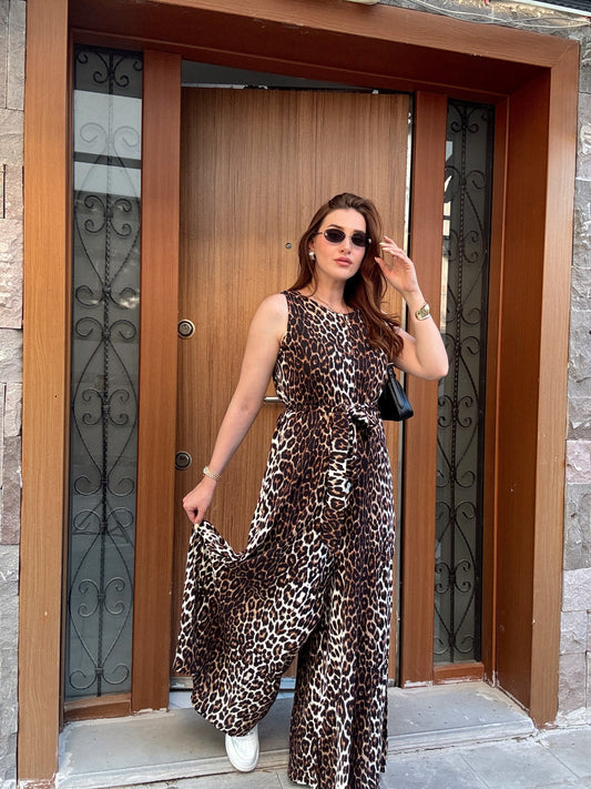 Sırt fermuar detaylı kuşaklı tulum LEOPAR