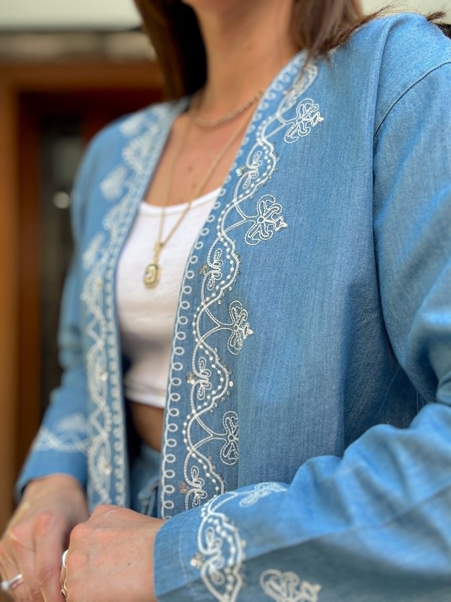 Nakış İşlemeli kot kimono takım MAVİ