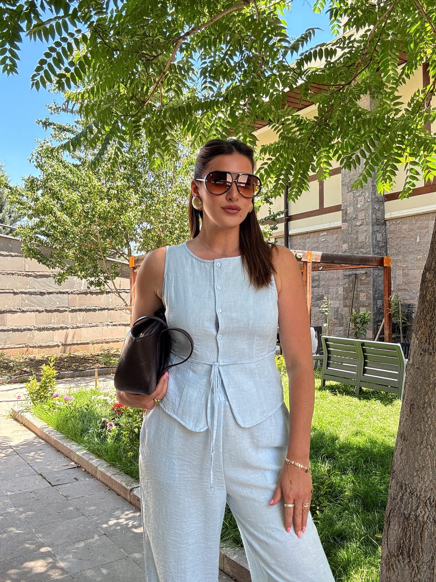 Yelekli bağlama detay keten takım Mavi