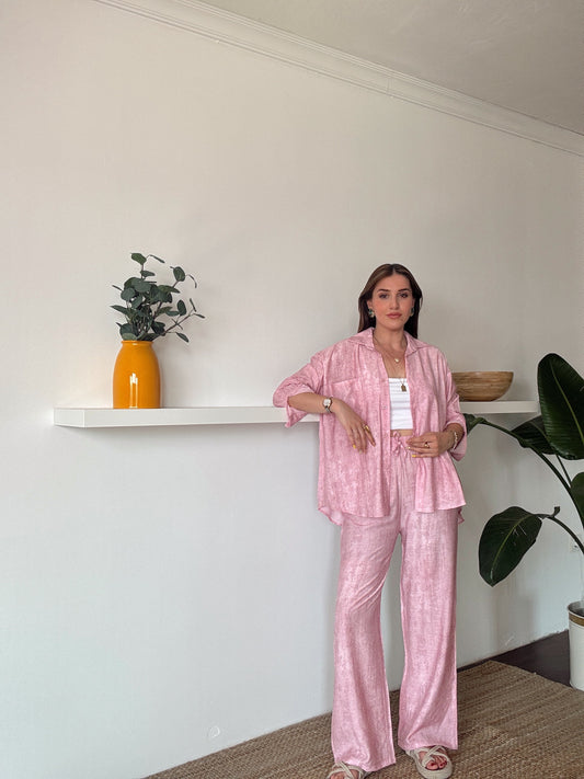 Dokuma gömlek pantolon takım PEMBE