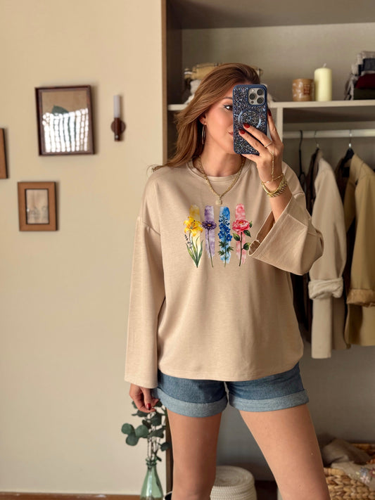 Çiçek desenli modal sweat Camel