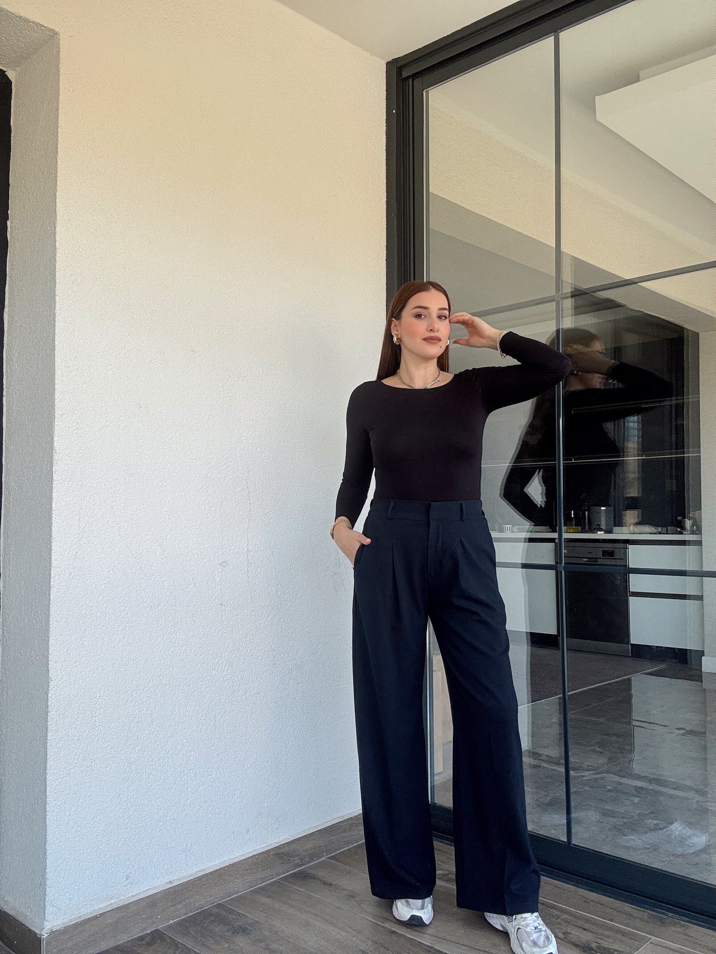 Çıtçıt detaylı palazzo pantolon-LACİVERT