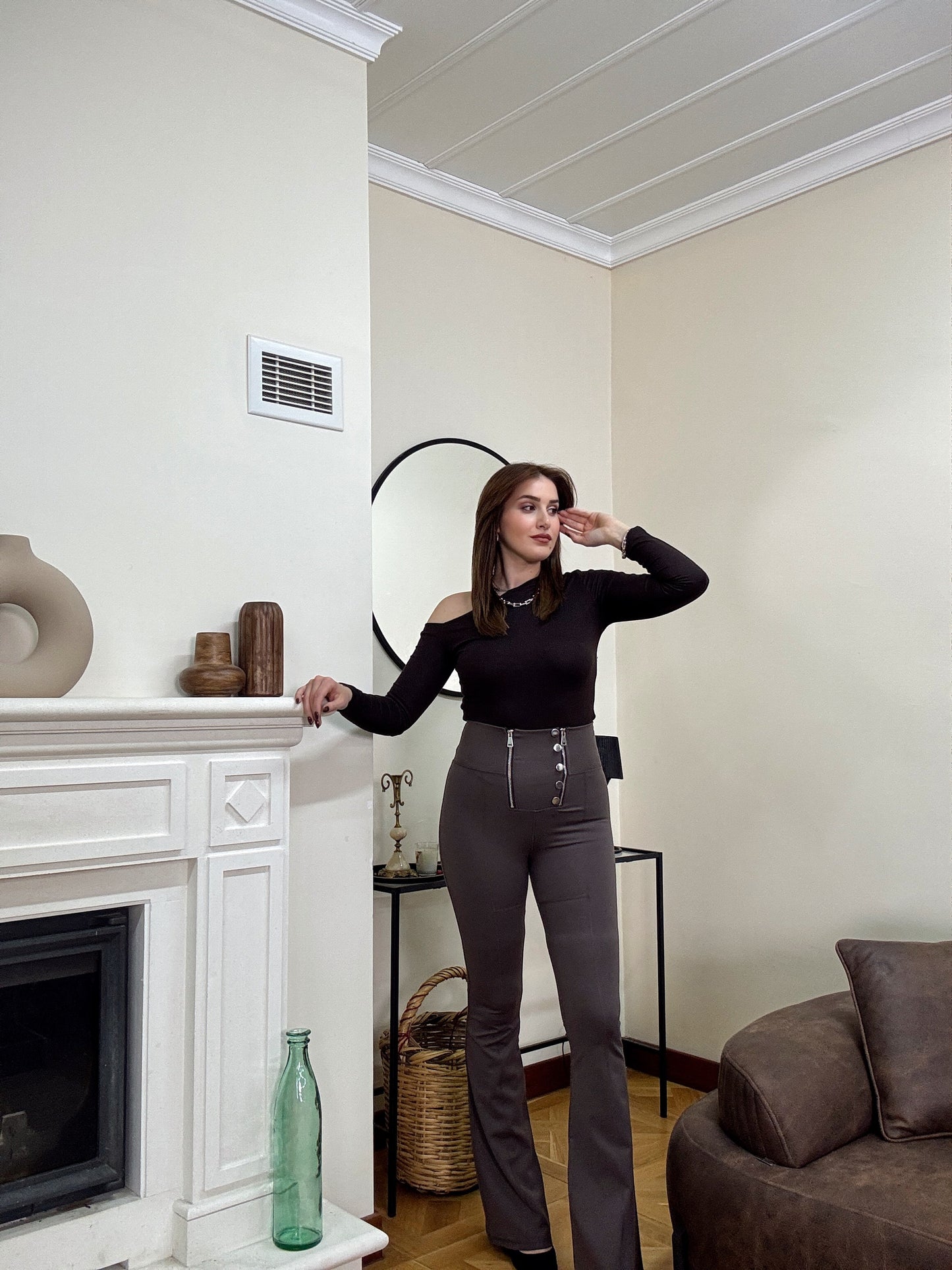 Tek omuz kayık yaka uzun kol badi-KAHVERENGİ