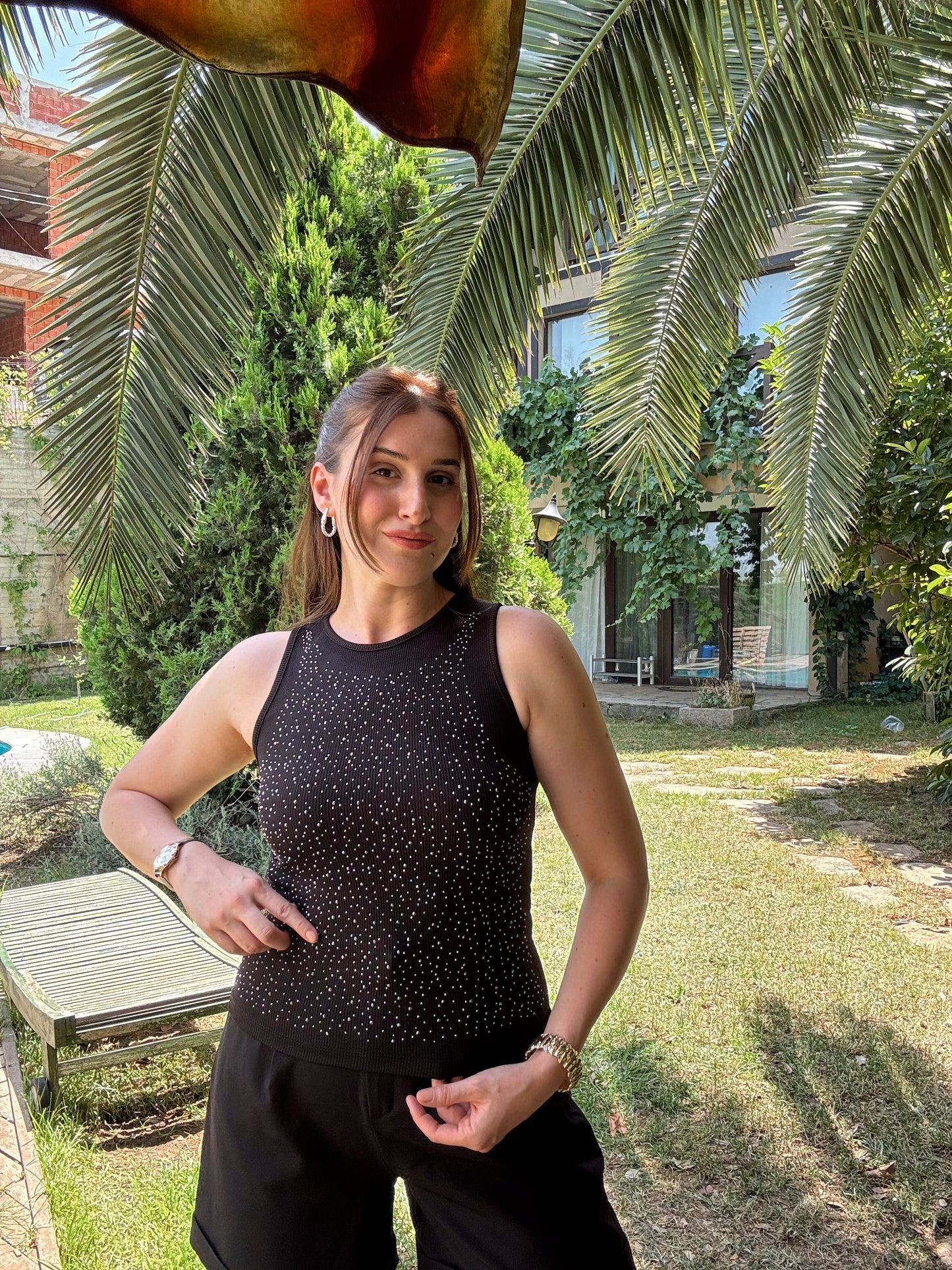 Önü Taşlı Atlet - SİYAH