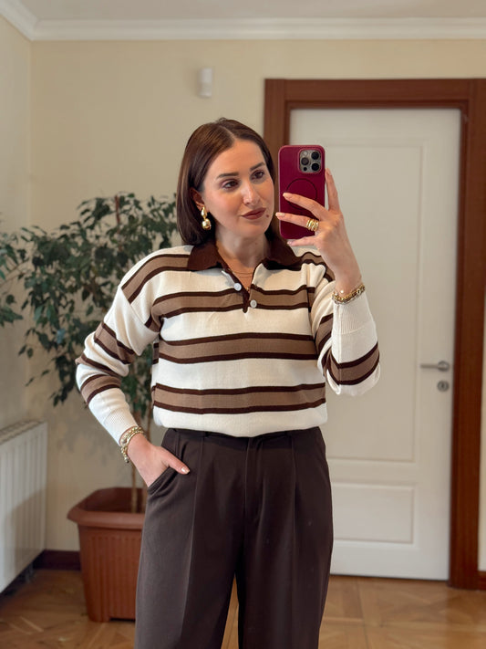 Düğmeli polo yaka triko kazak VİZON-BEJ