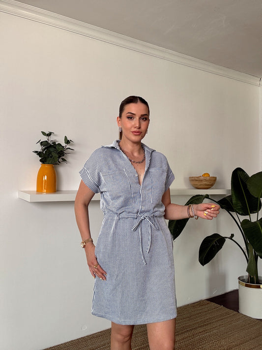 Çizgili Polo Yaka Bağlamalı elbise Lacivert