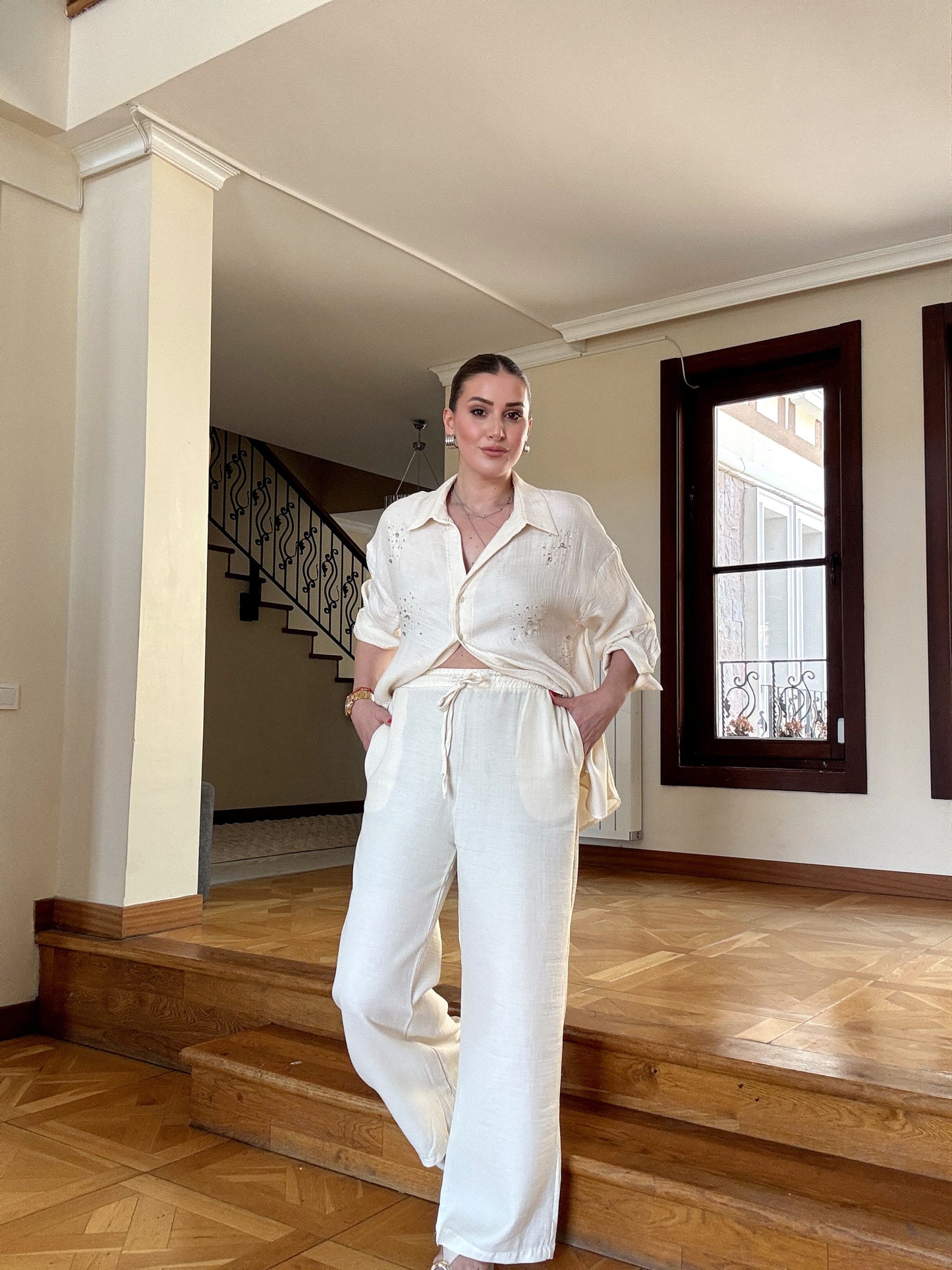 Yumuşak keten beli lastikli pantolon EKRU