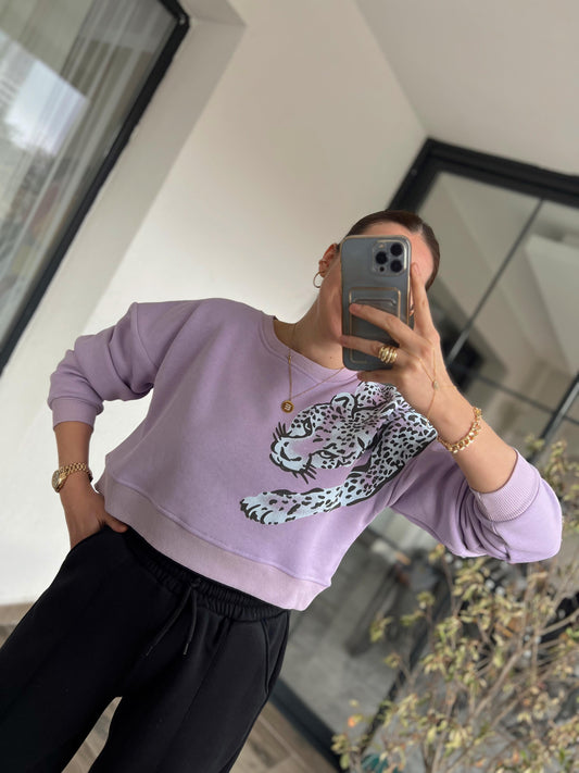 Leopar Baskı Crop Sweat KLS344 LİLA