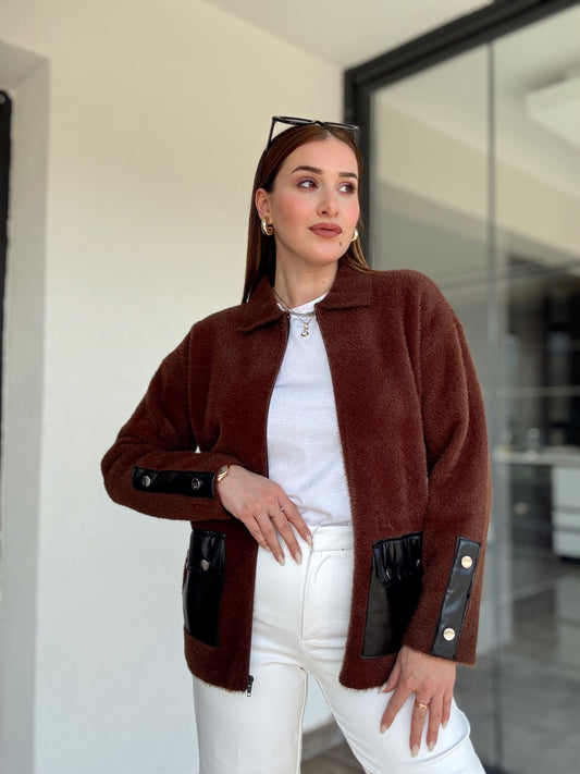 Liliyana deri cepli fermuarlı hırka-KAHVERENGİ