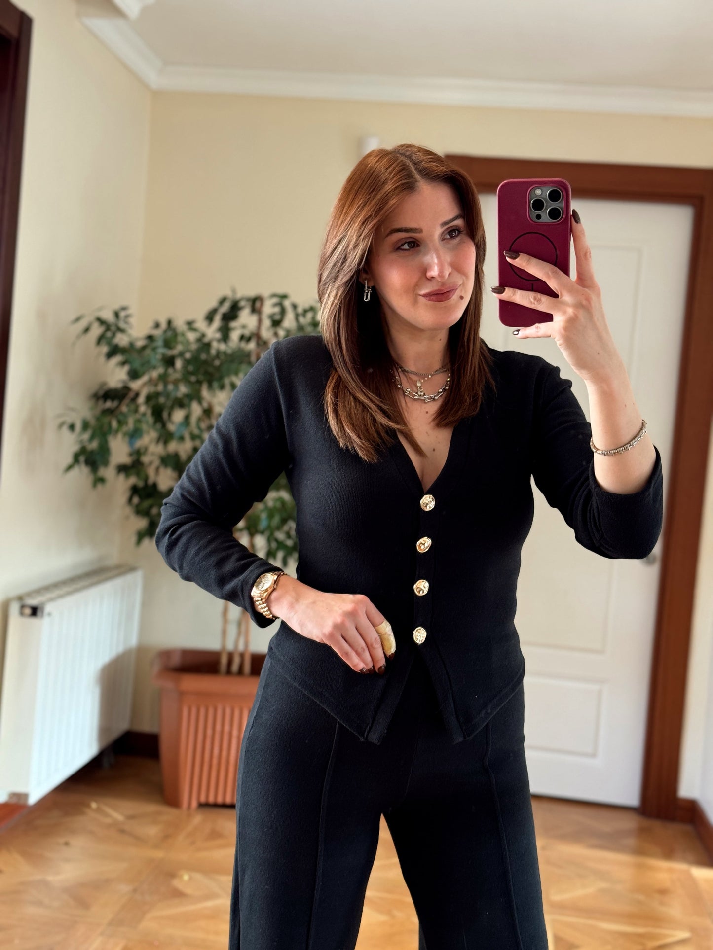 Selanik önü düğmeli ceket çimalı pantolon takım-SİYAH