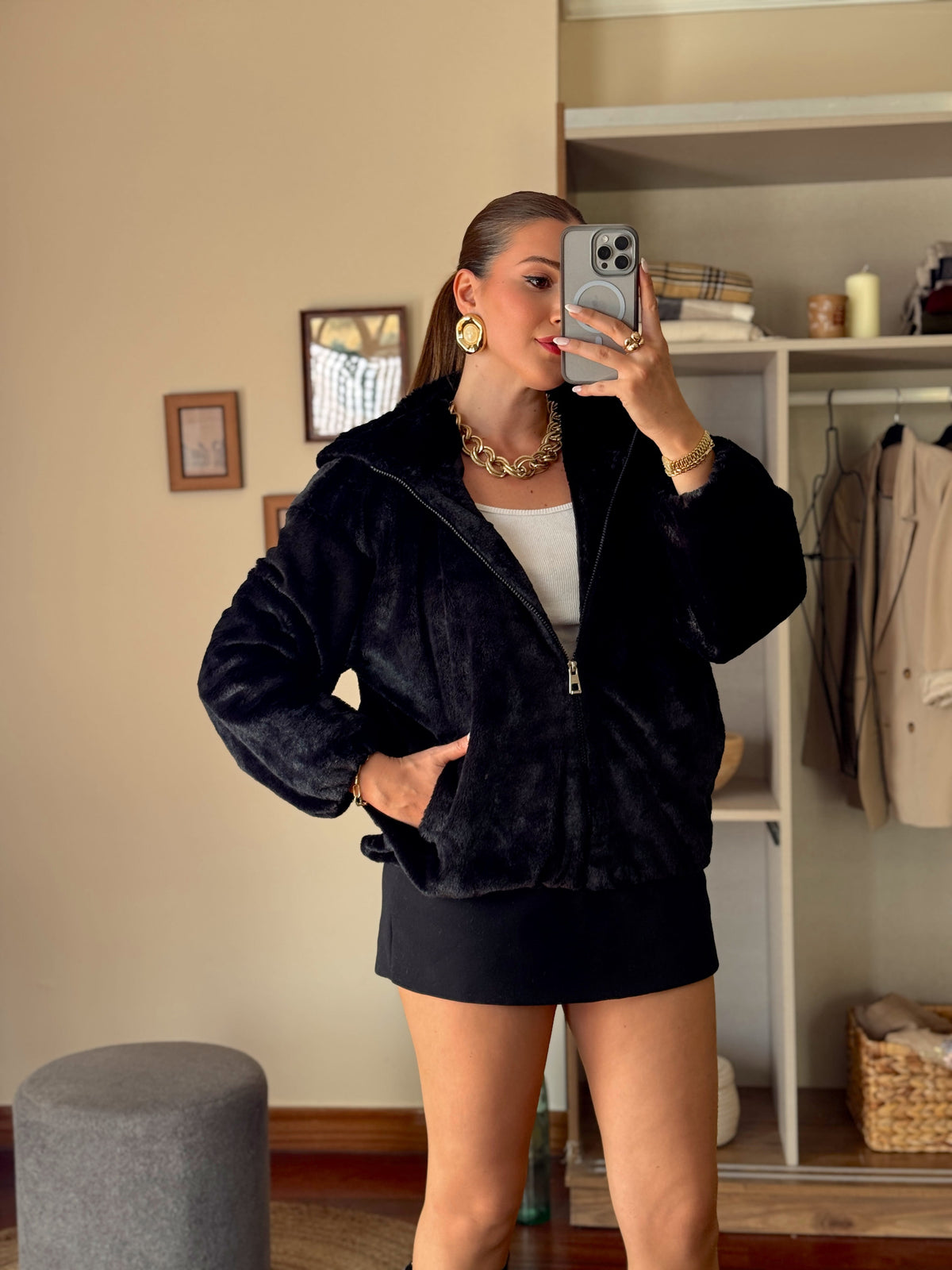 Kapüşonlu Fermuarlı Sakal kumaş Sweatshirt Siyah